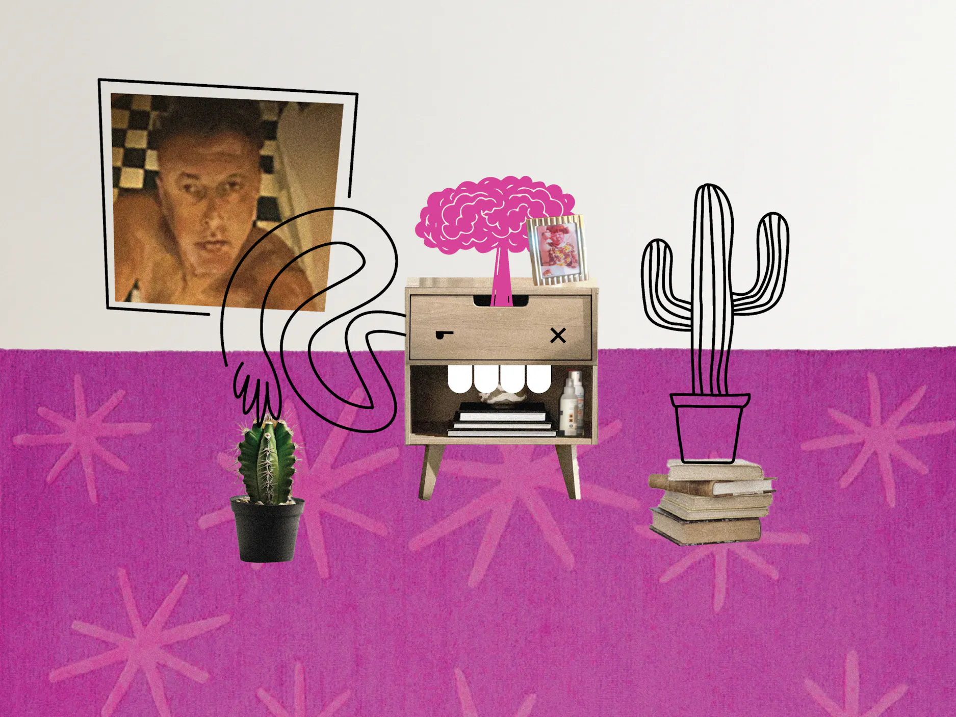 Digitalna ilustracija nočne omarice, zraven na steni fotografija moškega in dva kaktusa na tleh